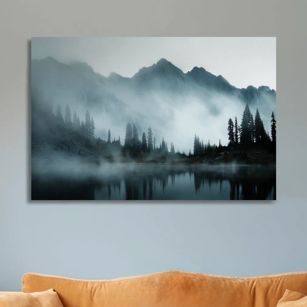 Moody Misty Mountain Lake Photography - Atmospheric Alpine Forest Wall Art
