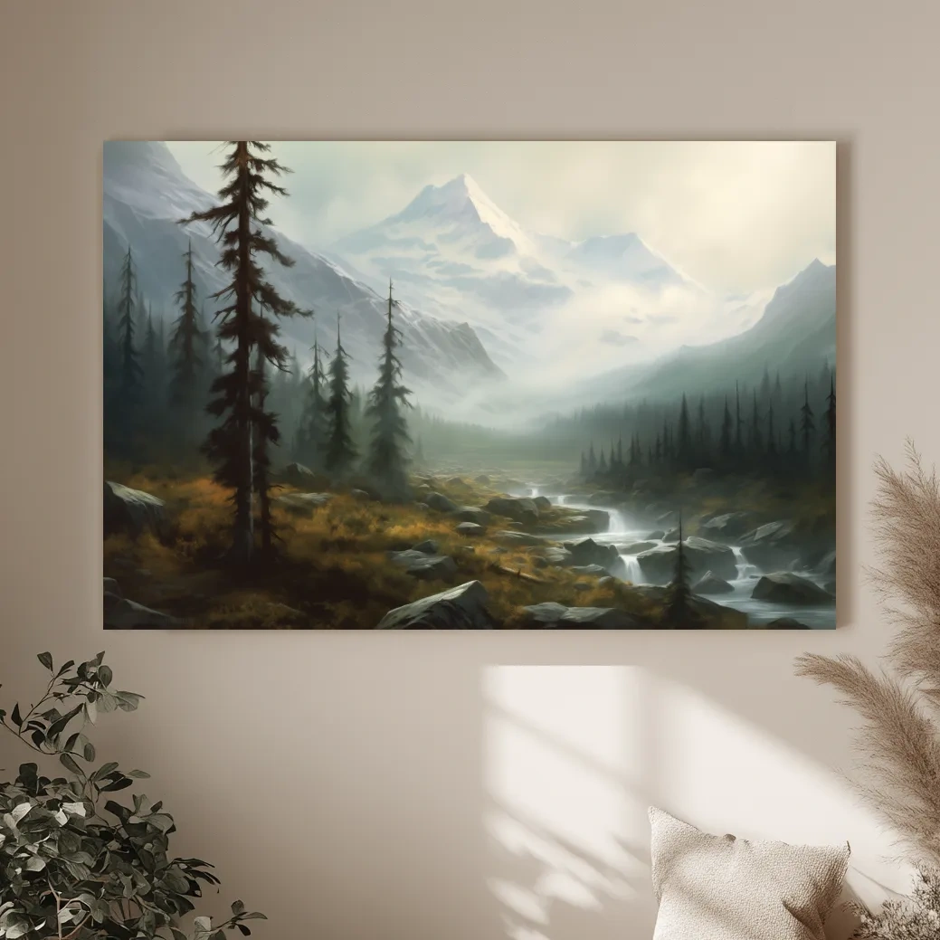 Misty Alpine Mountain Valley Painting - Foggy Evergreen Forest Wall Art