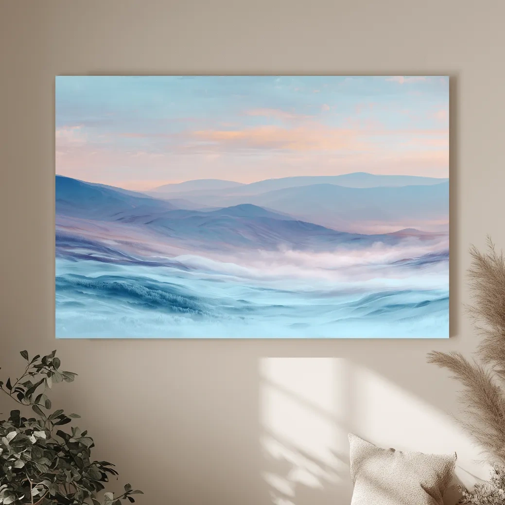 Ethereal Pastel Misty Mountain Landscape - Serene Abstract Forest Wall Art