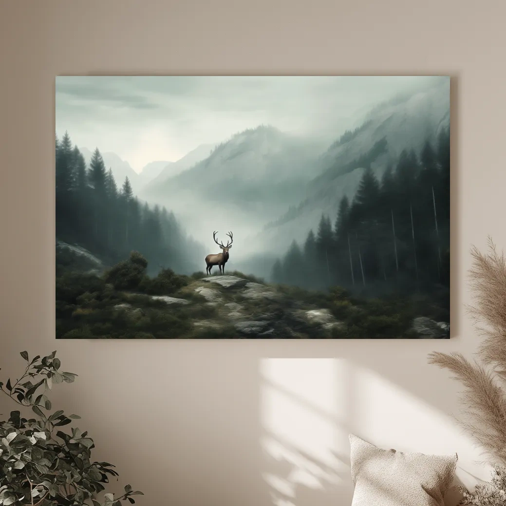 Moody Misty Mountain Deer Landscape - Atmospheric Forest Wildlife Wall Art