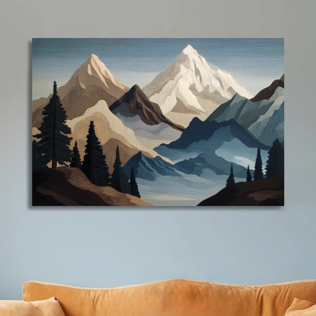 Textured Layered Alpine Mountain Peaks - Scenic Forest Wall Art