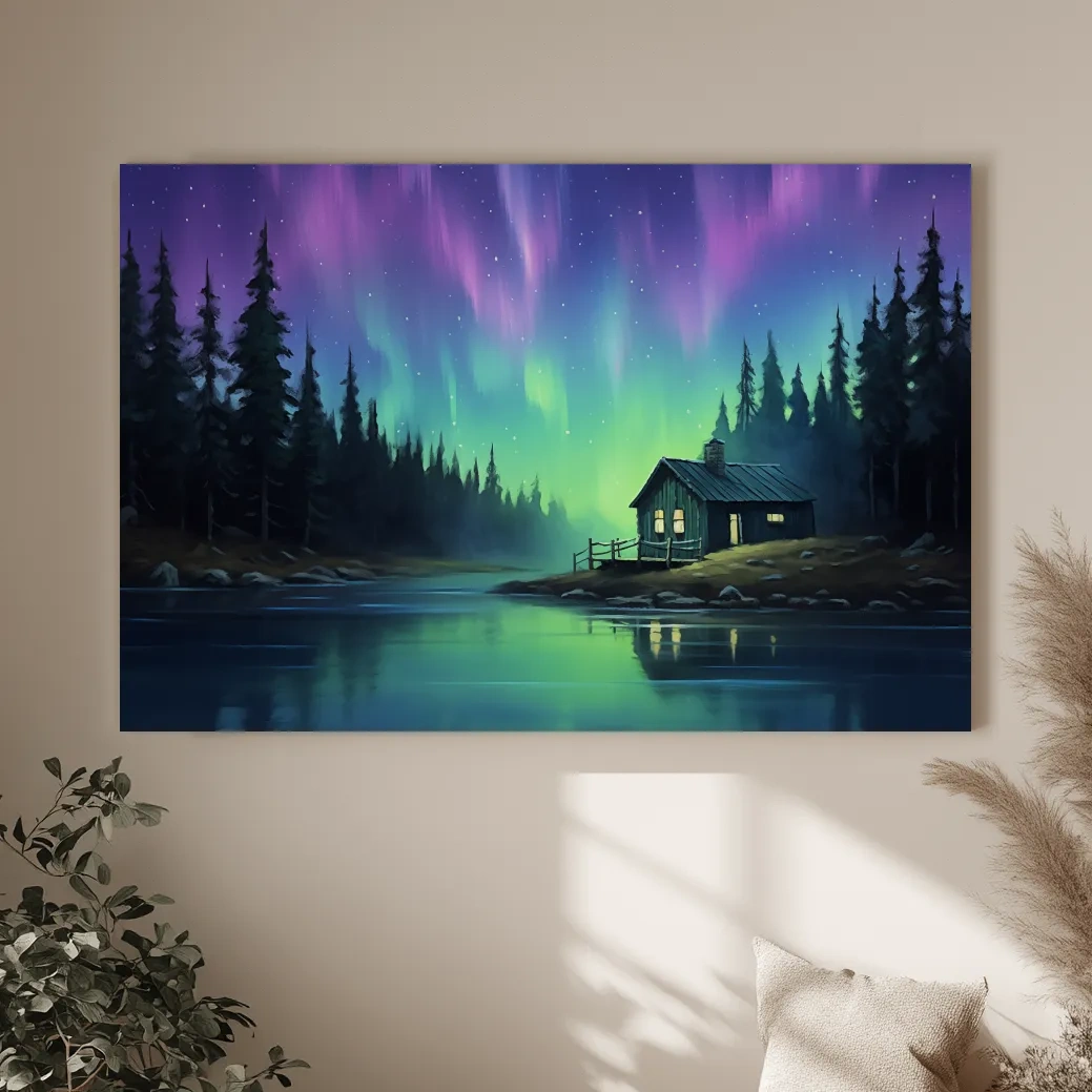 Northern Lights Over Lakeside Cabin Painting - Aurora Borealis Night Wall Art