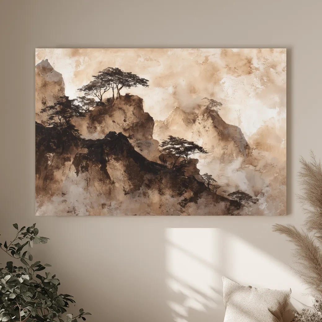 Sepia Japandi Mountain Ridge Painting - Atmospheric Ink Wash Art