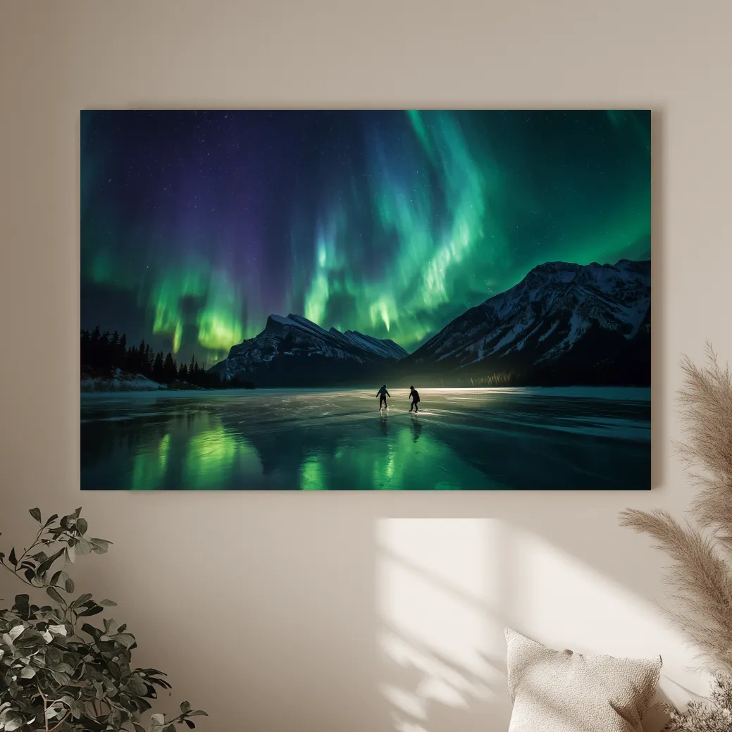 Ice Skaters Under Vibrant Northern Lights - Aurora Borealis Photographic Wall Art