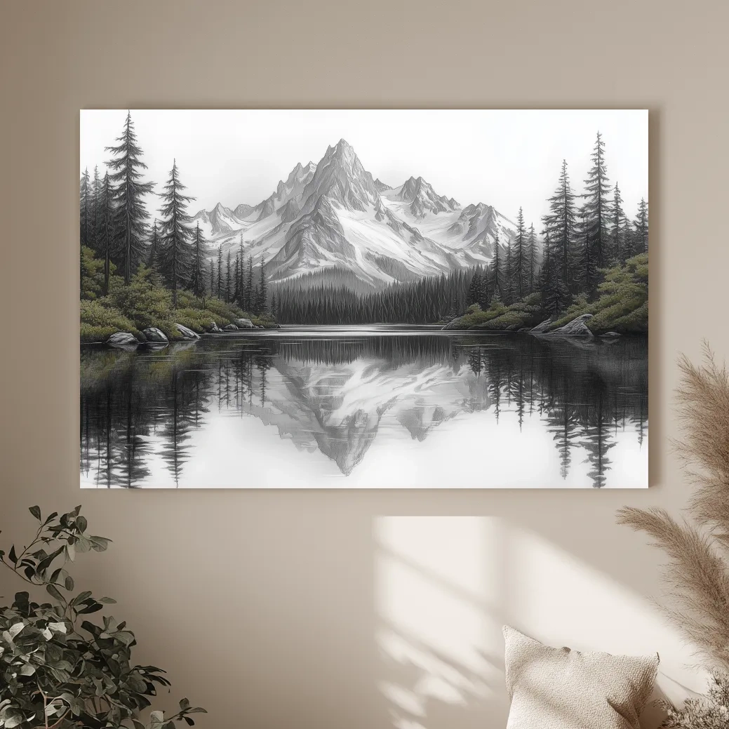 Monochrome Alpine Mountain Lake Reflection Sketch Artwork - Minimalist Forest Landscape Wall Art