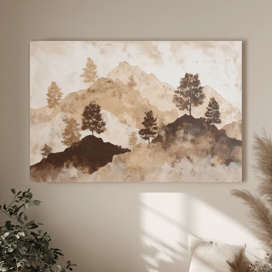 Wabi-Sabi Mountain Tree Silhouettes Painting - Minimalist Landscape Wall Art
