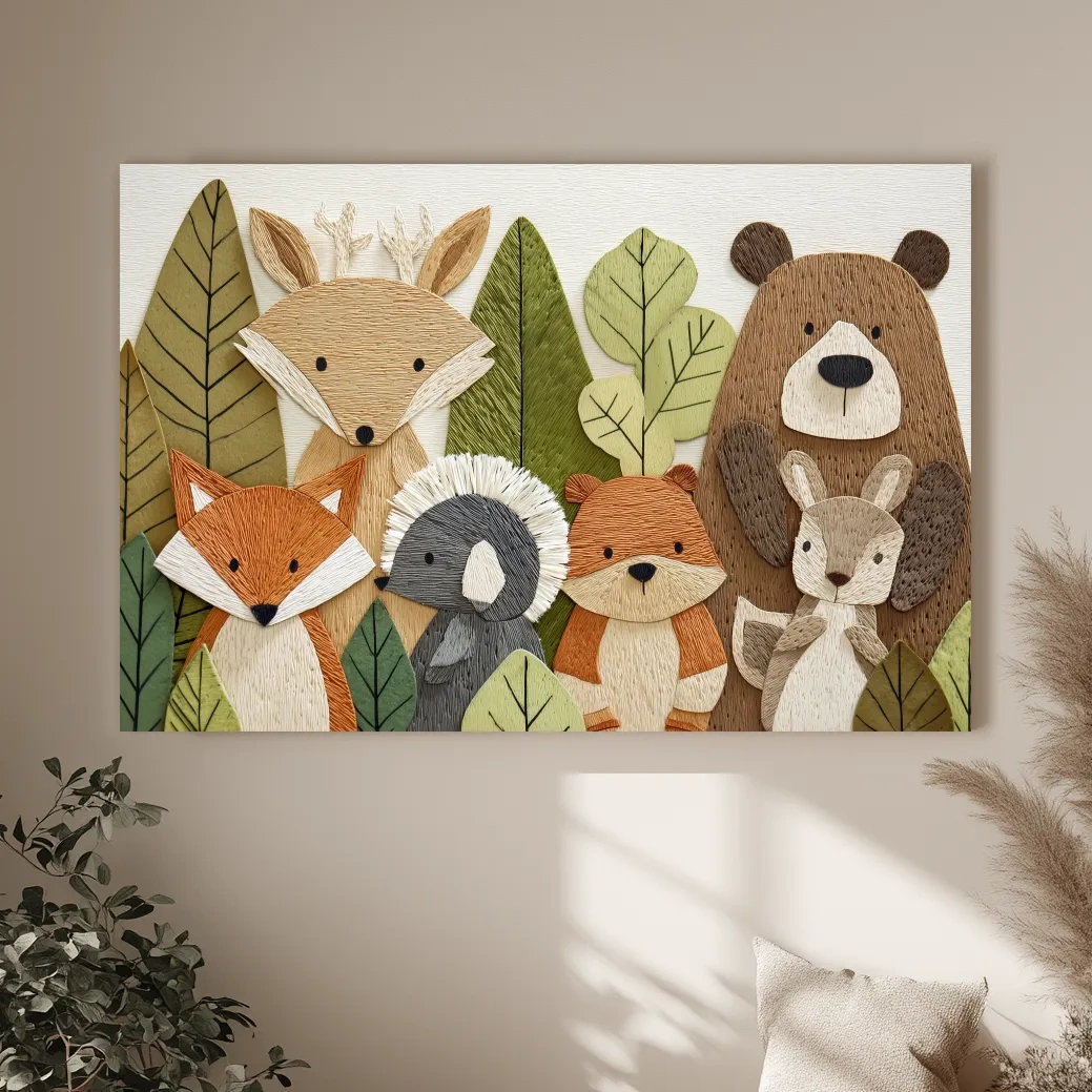 Woodland Animal Nursery Decor - Cute Forest Animals Embroidery Style Wall Art