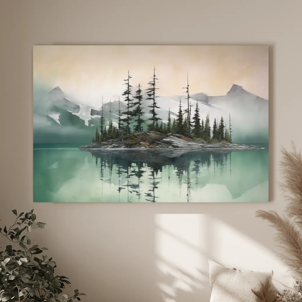 Misty Turquoise Alpine Lake Reflection - Serene Watercolor Mountain Landscape Wall Art