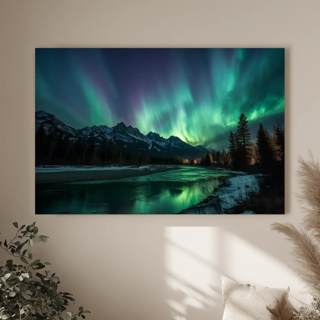 Vibrant Green Northern Lights Over Frozen Lake - Aurora Borealis Landscape Wall Art