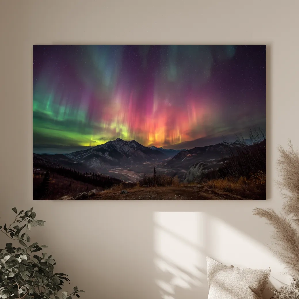 Vibrant Aurora Borealis Over Mountain Range - Colorful Northern Lights Landscape Wall Art
