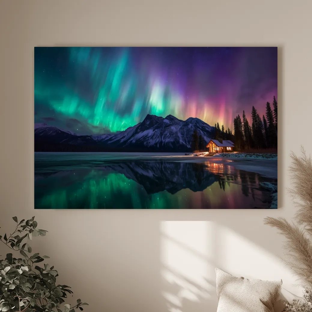 Vibrant Northern Lights Over Mountain Lake Cabin - Aurora Borealis Landscape Wall Art