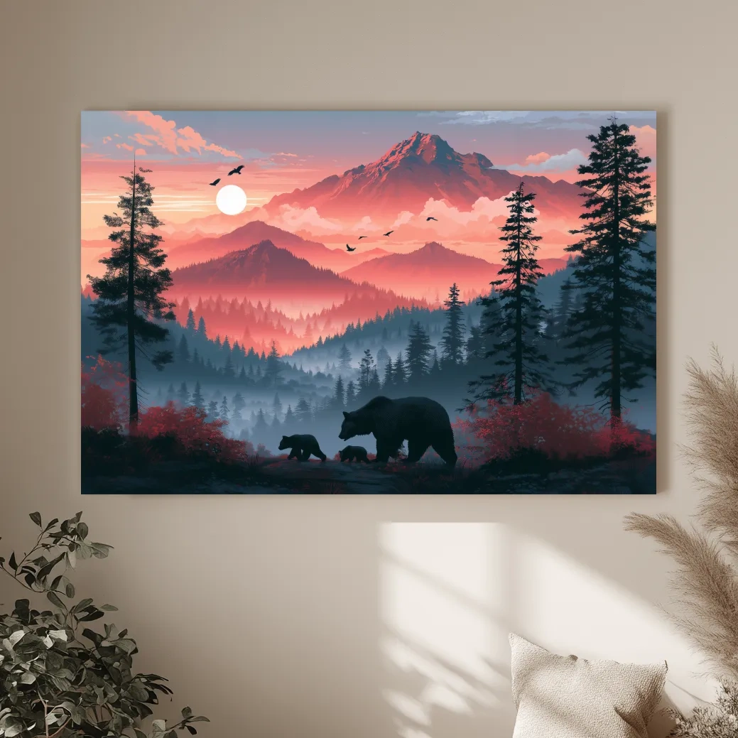 Sunset Mama Bear & Cubs Silhouette - Forest Wildlife Wall Art