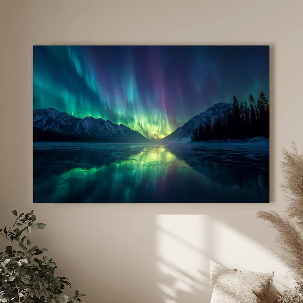Vibrant Northern Lights Over Icy Mountain Lake - Aurora Borealis Wall Art