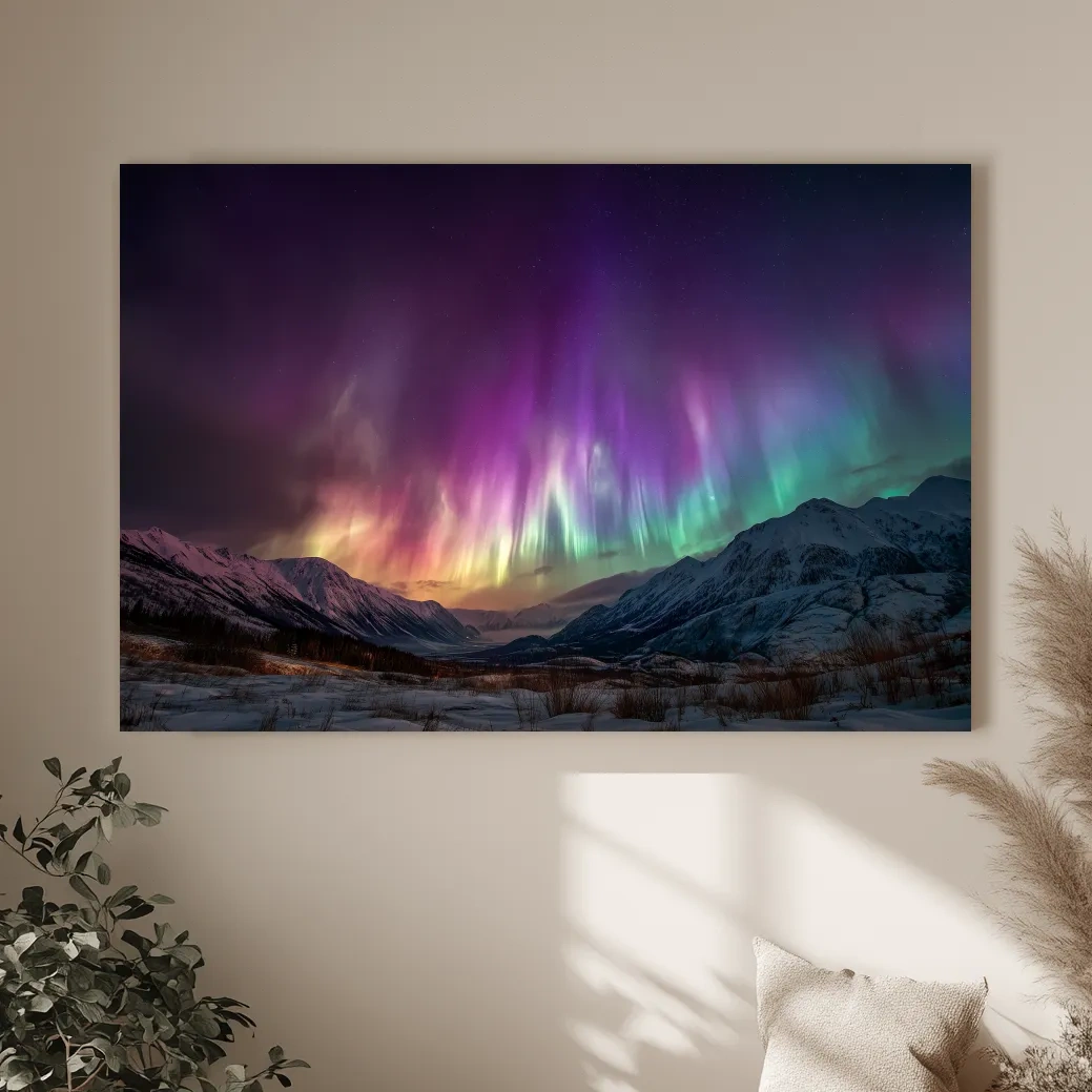Vibrant Aurora Borealis Over Snowy Mountains - Northern Lights Night Sky Wall Art