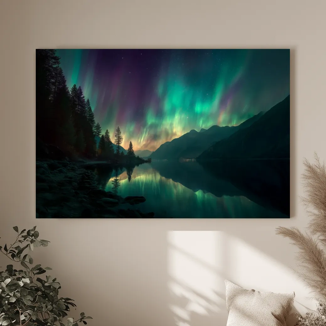 Vibrant Northern Lights Lake Reflection - Aurora Borealis Mountain Wall Art