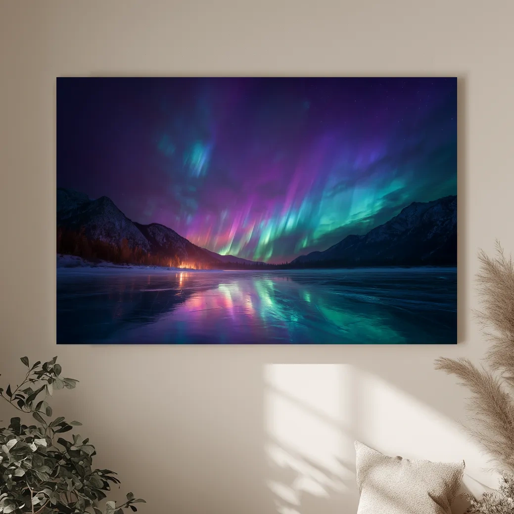 Vibrant Aurora Borealis Over Frozen Lake - Northern Lights Mountain Wall Art