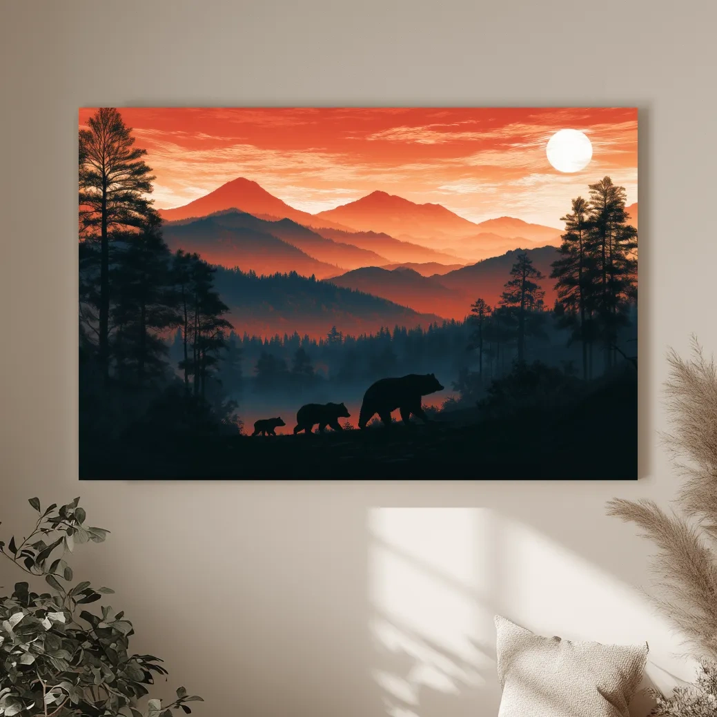 Mountain Sunset Bear Family Silhouettes - Wilderness Landscape Artwork