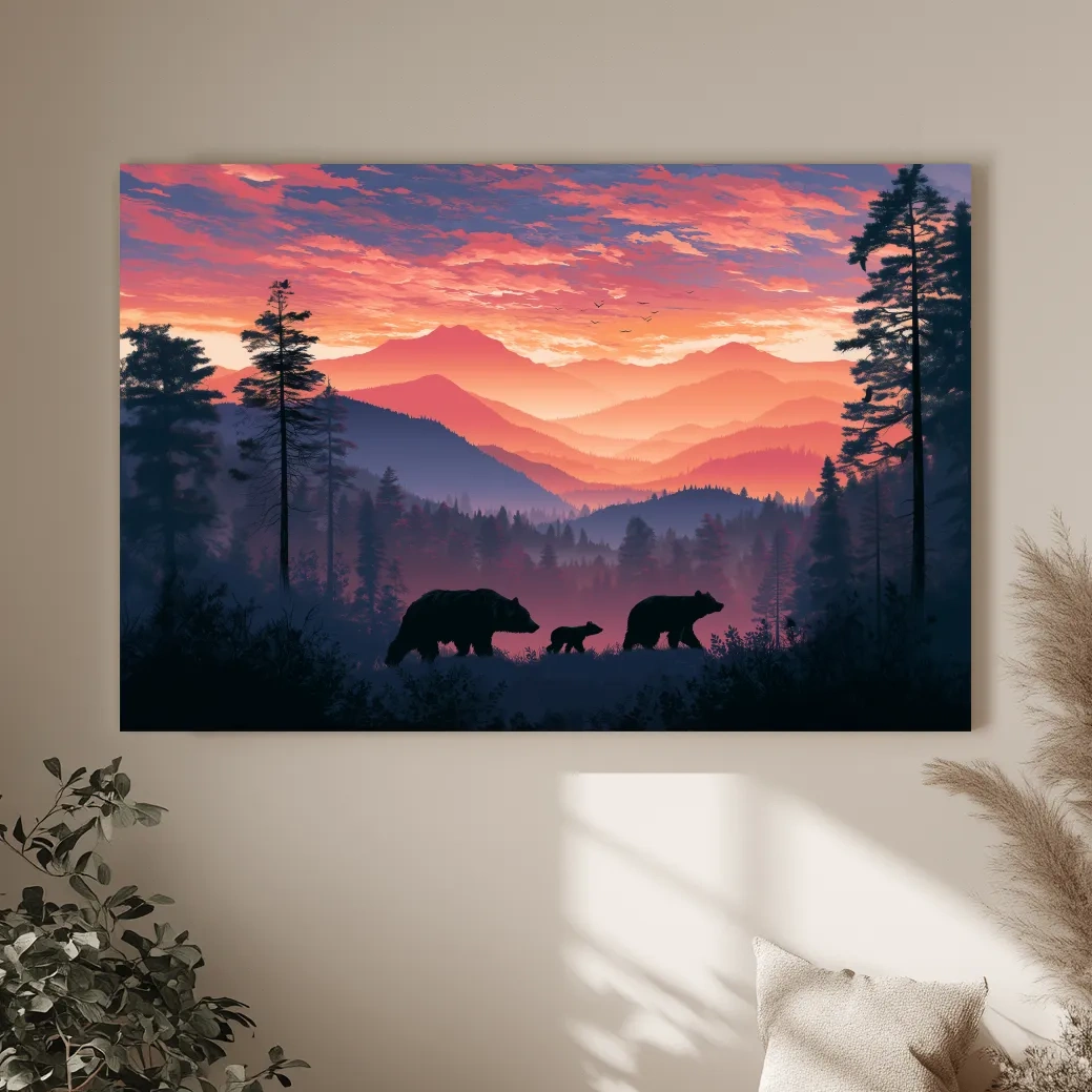 Moody Sunset Mountain Bear Family Silhouettes - Wildlife Wall Art