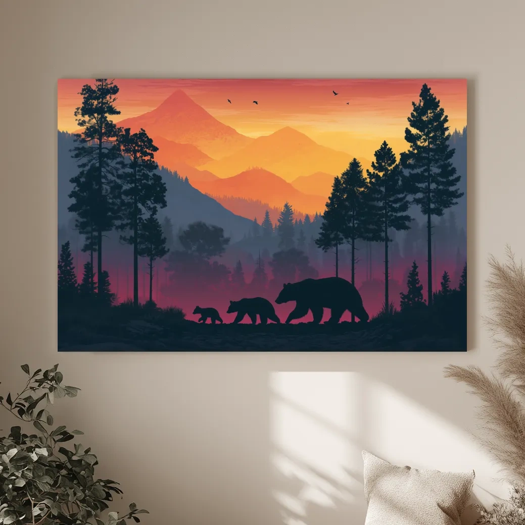 Sunset Momma Bear & Cubs Silhouette - Forest Wildlife Wall Art