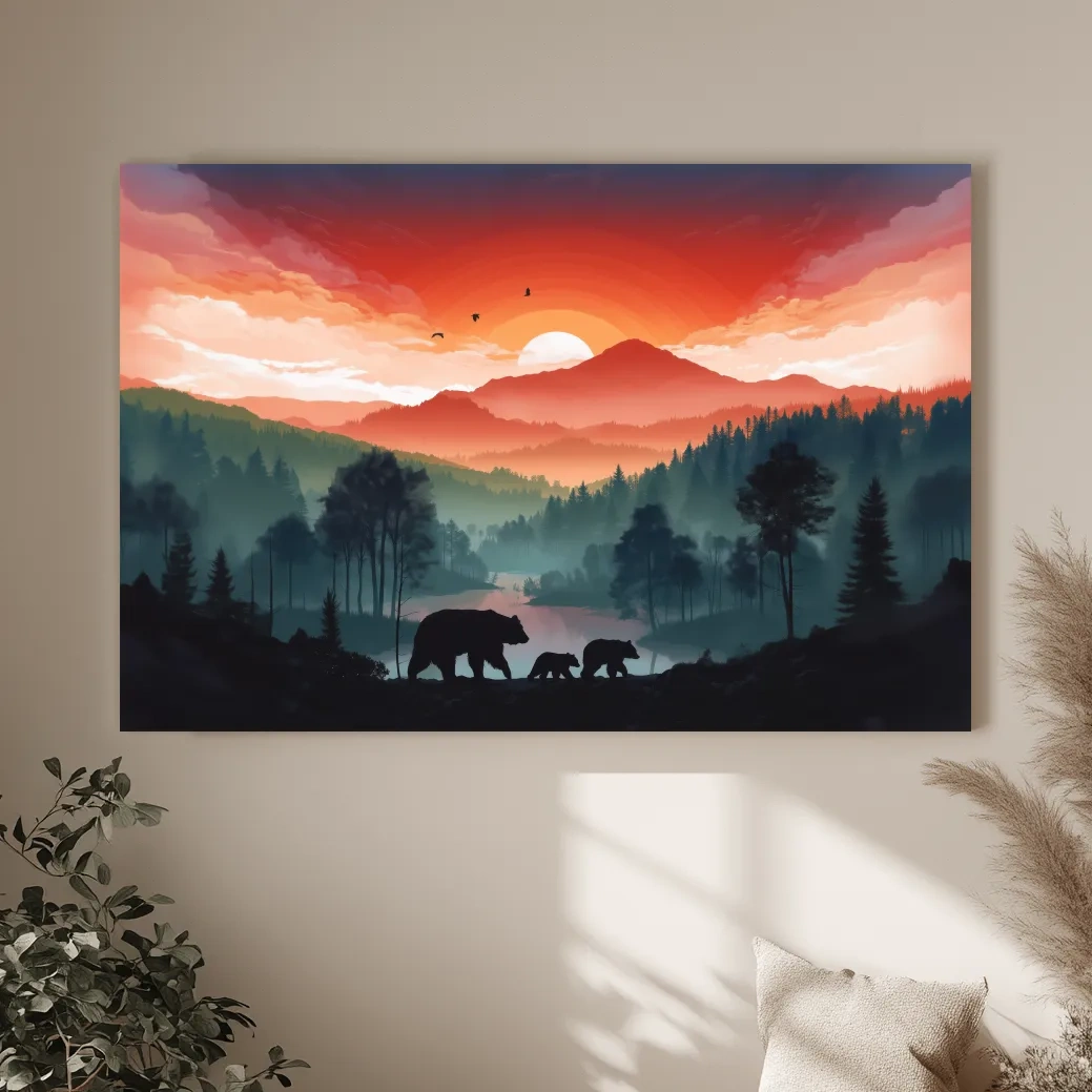 Sunset Bear Family Silhouette Landscape - Misty Mountain Forest Wall Art