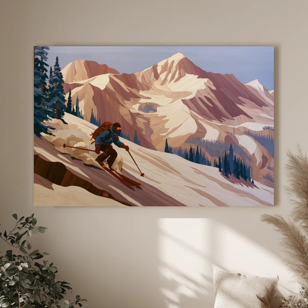 Backcountry Skier Descending Snowy Alpine Peaks - Modern Outdoor Adventure Wall Art