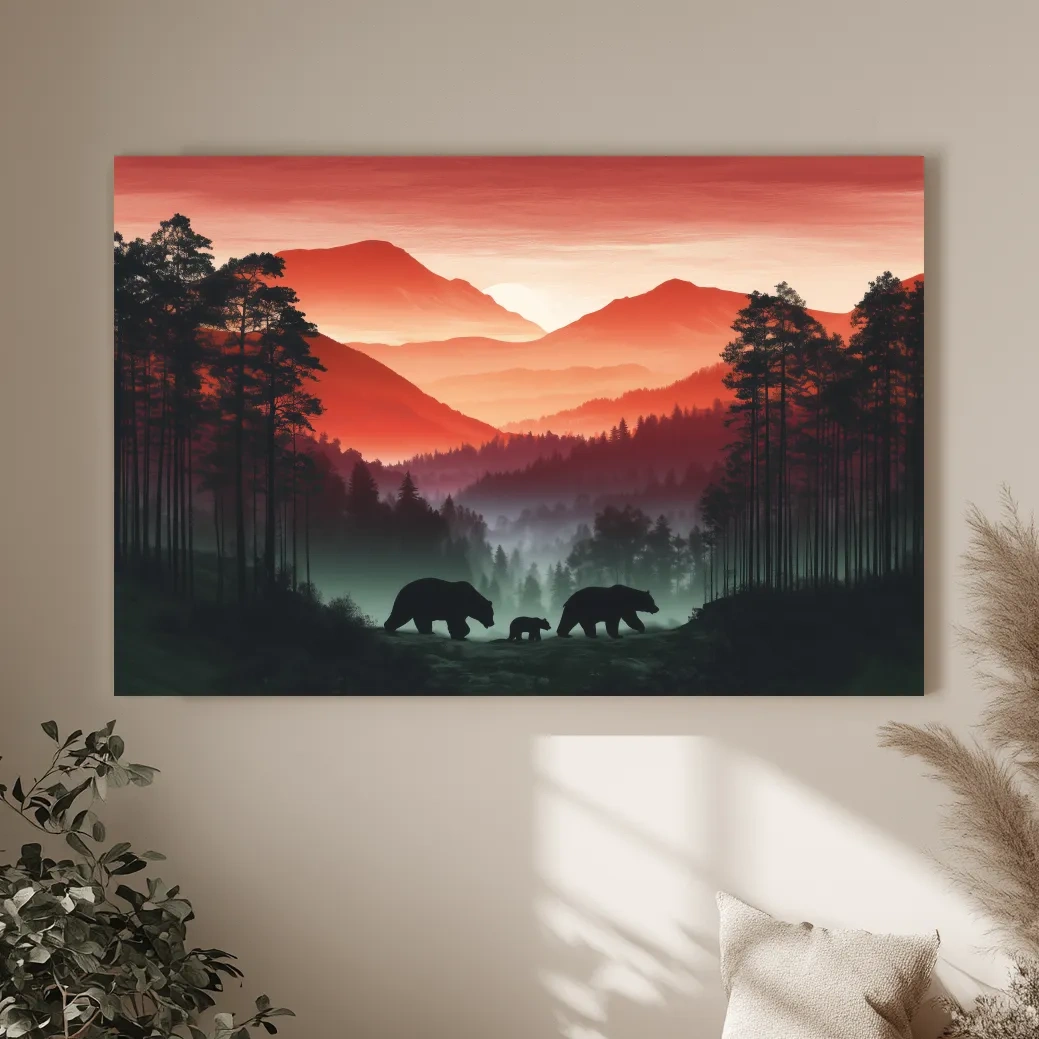 Moody Sunset Mountain Bear Family Silhouettes - Misty Forest Wildlife Wall Art