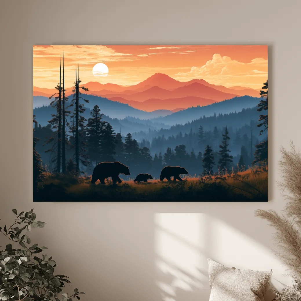 Bear Family Silhouettes - Mountain Sunset Wildlife Wall Art