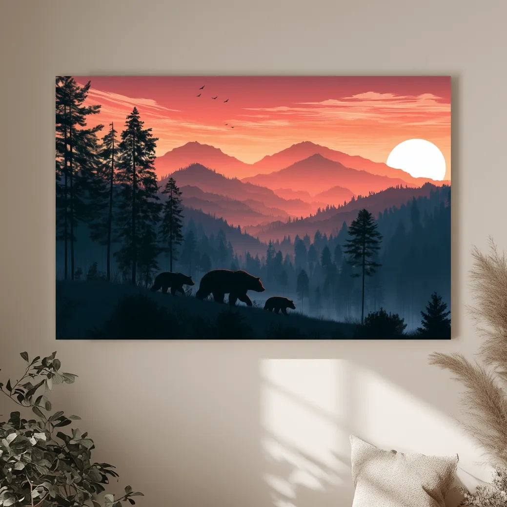 Bear Family Silhouette Mountain Sunset - Wildlife Landscape Wall Art