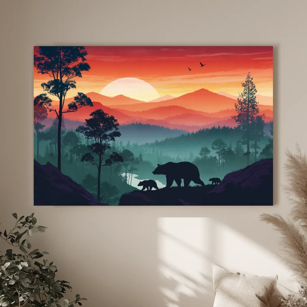 Sunset Mama Bear & Cubs Silhouette - Misty Forest Landscape Artwork