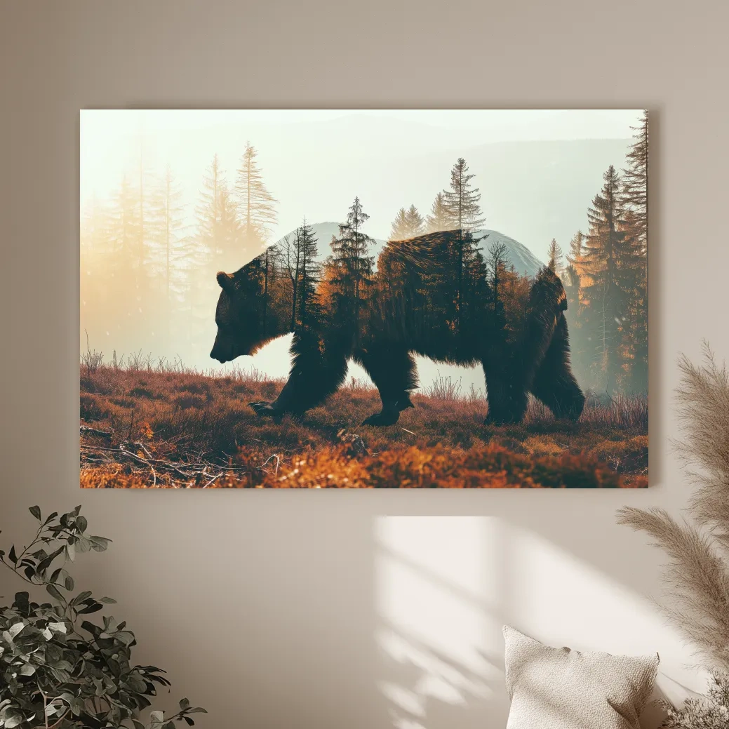 Double Exposure Grizzly Bear Forest - Misty Mountain Wildlife Photographic Artwork