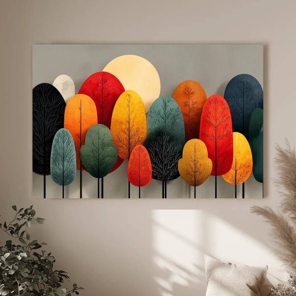 Mid-Century Abstract Autumn Forest Trees - Modern Scandinavian Landscape Artwork