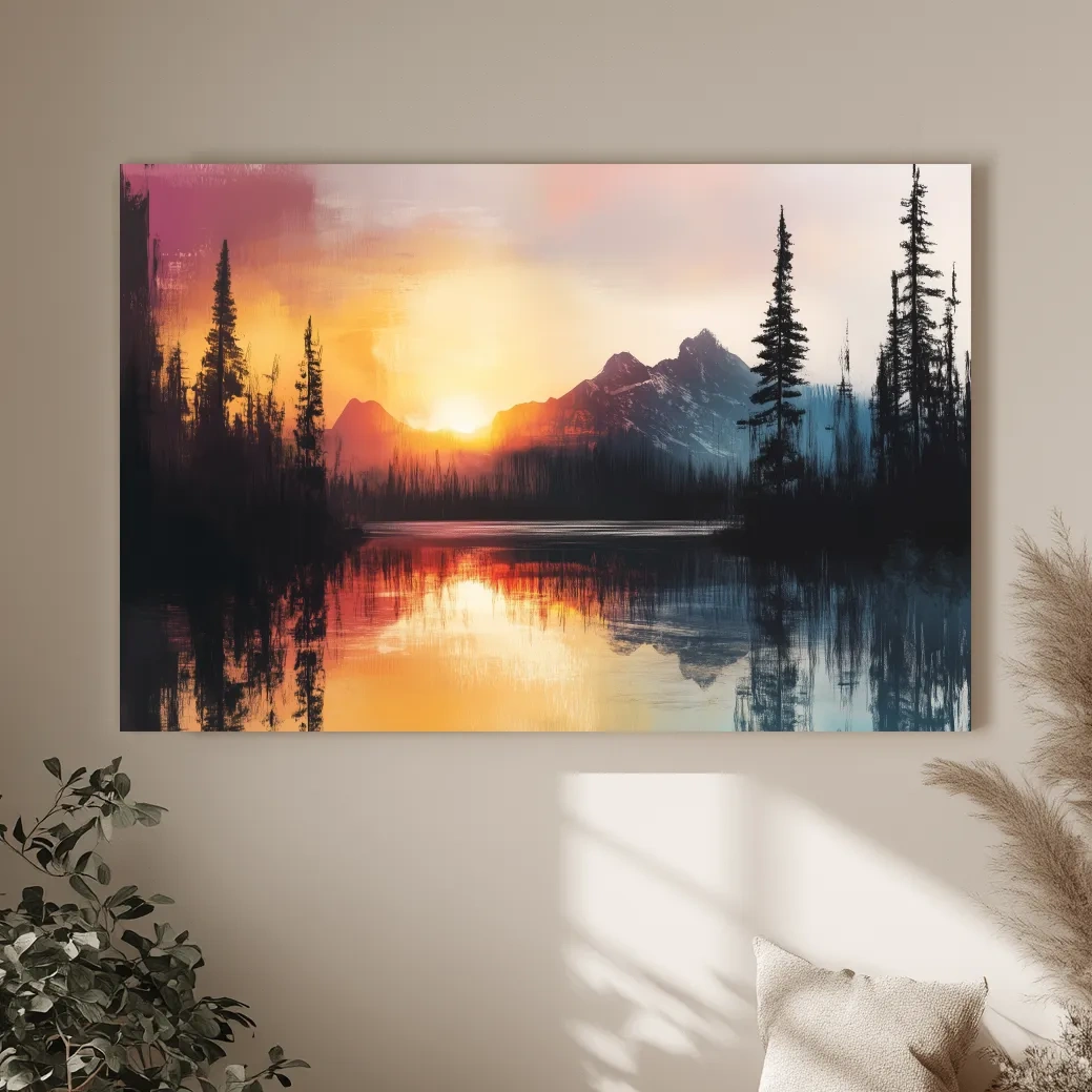 Sunset Mountain Lake Reflection Painting - Dramatic Pine Forest Landscape Wall Art