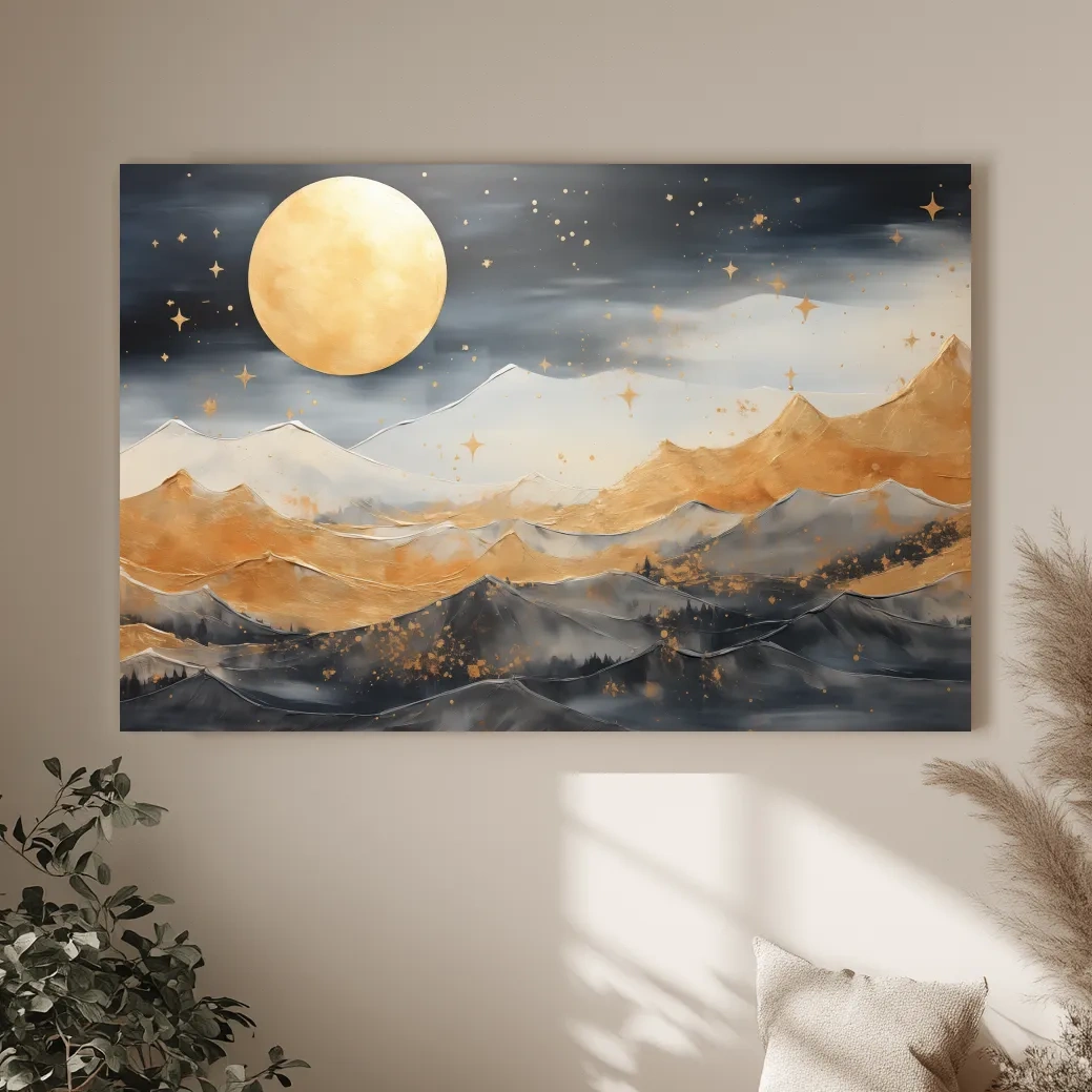 Golden Moonlit Abstract Mountain Landscape - Modern Watercolor Wall Art