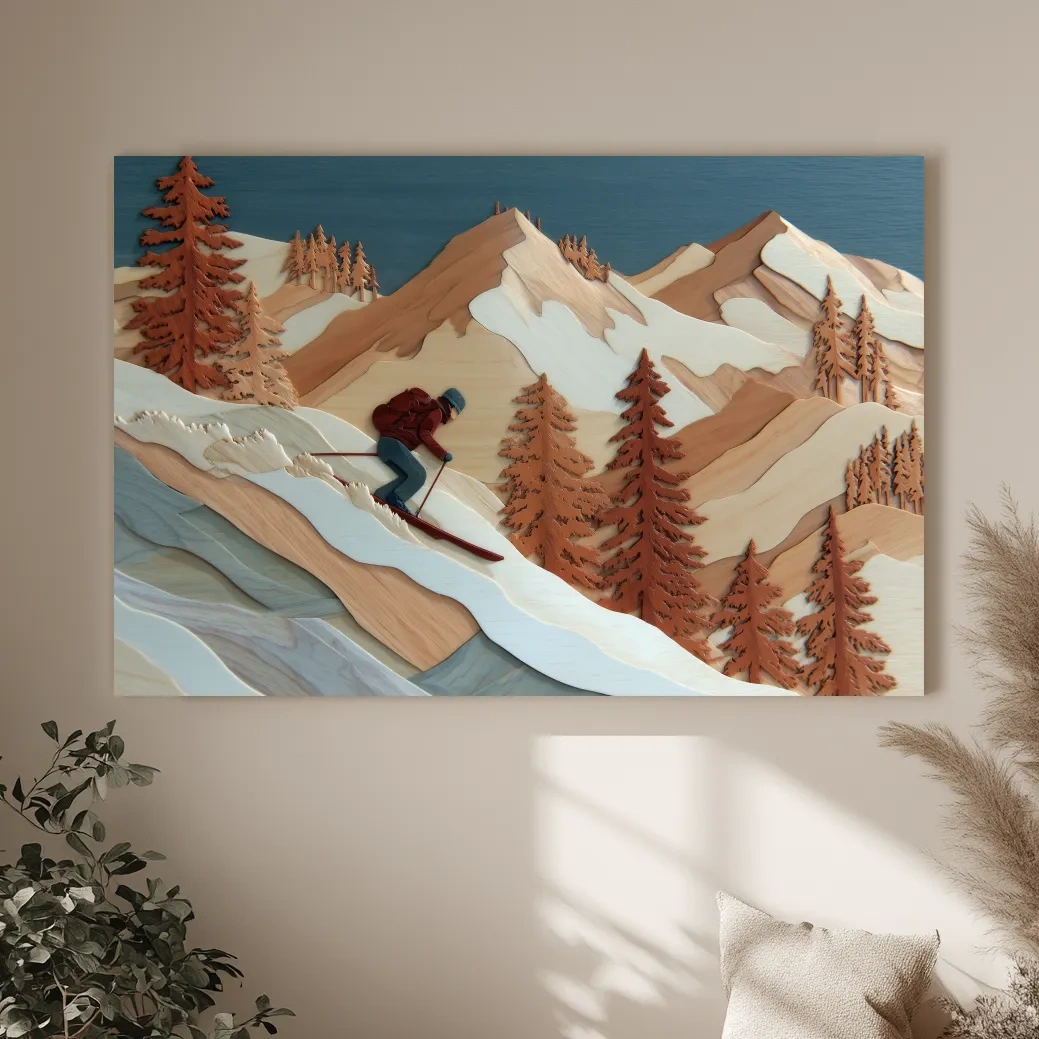Wood Intarsia Style Skier Mountain Scene - Winter Alpine Wall Art