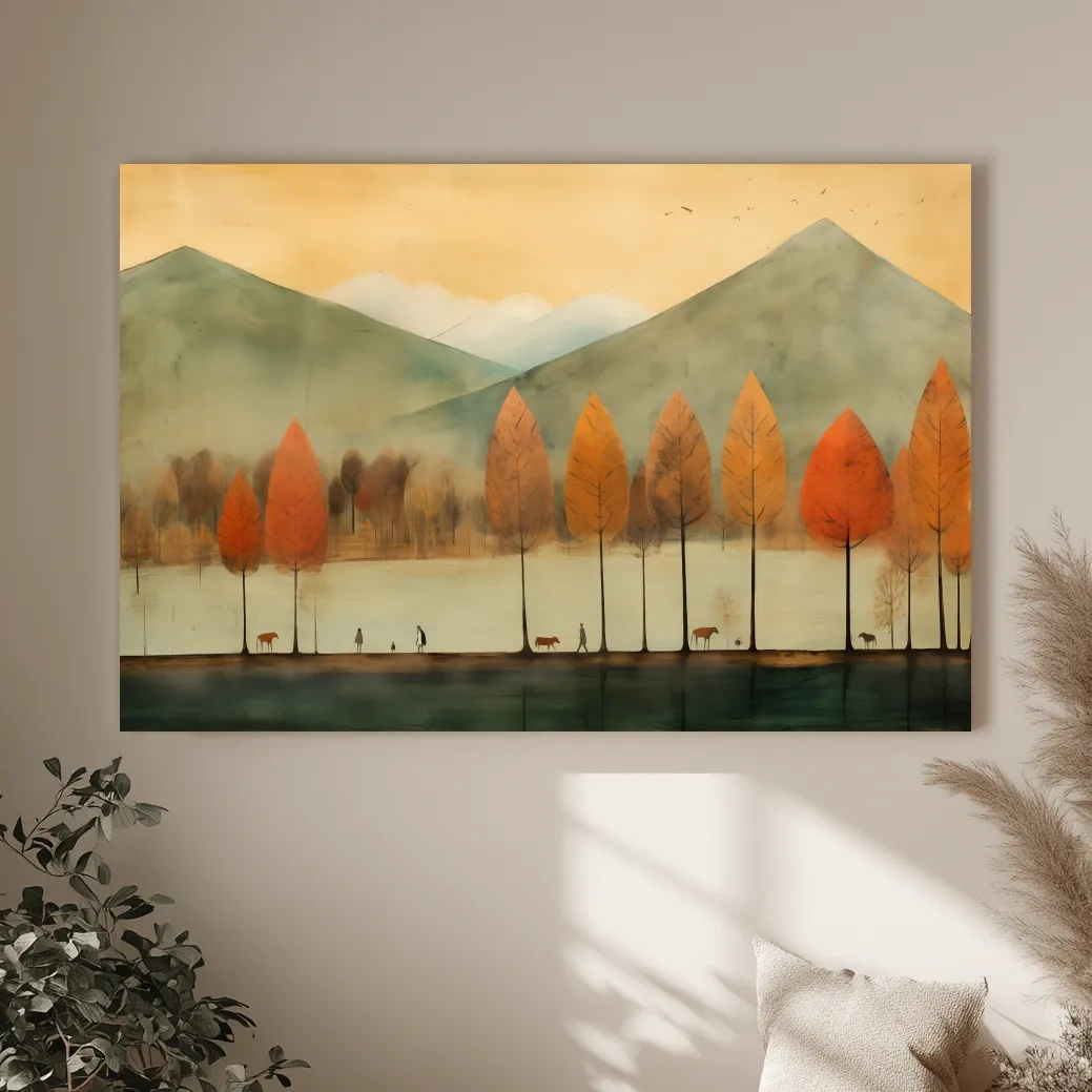 Autumn Tree Lined Lake Landscape - Quirky Watercolor Style Wall Art