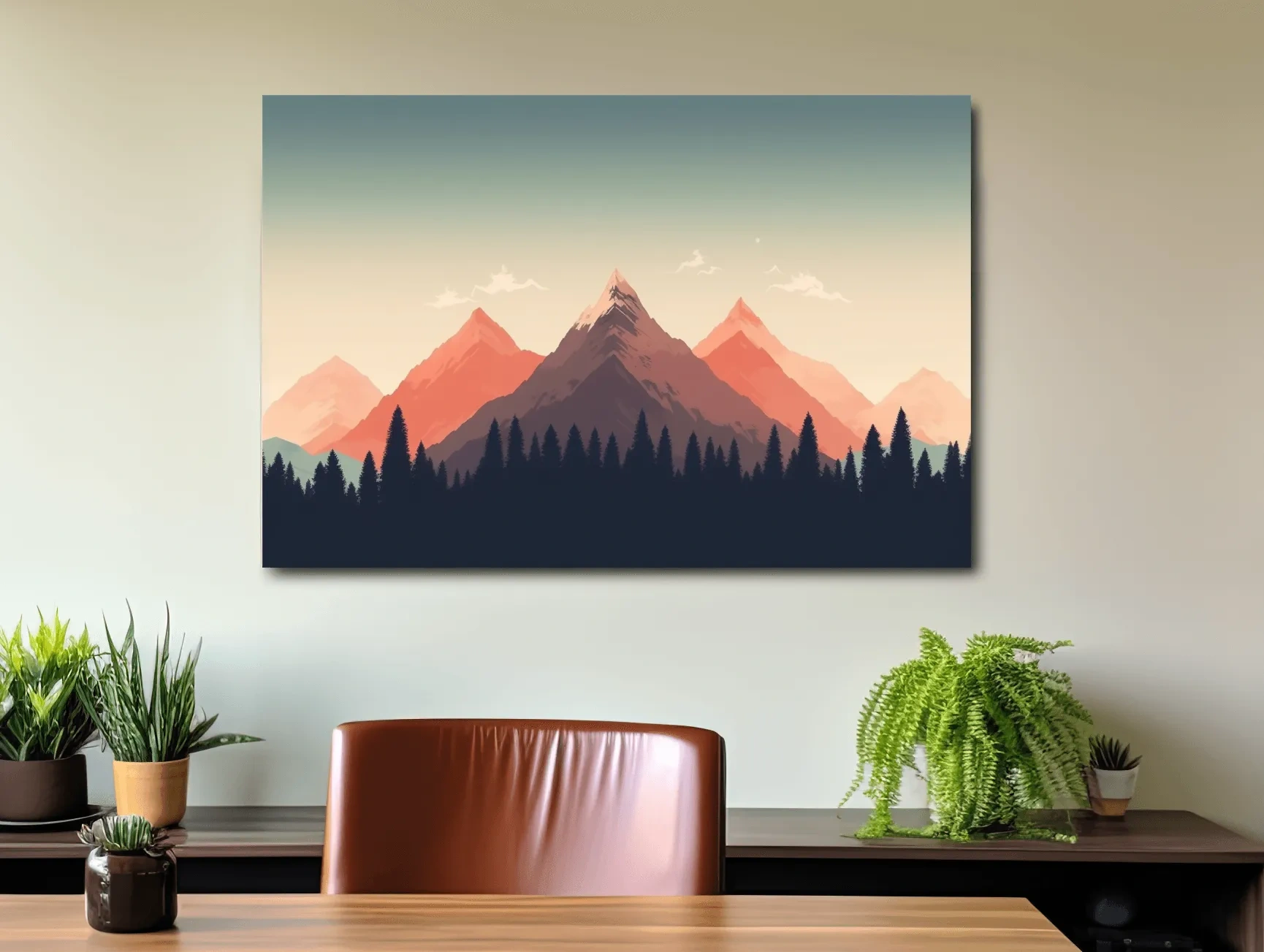 Minimalist Alpine Mountain Sunrise Artwork - Modern Scandinavian Forest Wall Art