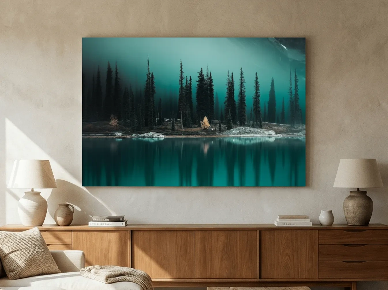 Misty Pine Forest Turquoise Alpine Lake - Serene Mountain Landscape Wall Art
