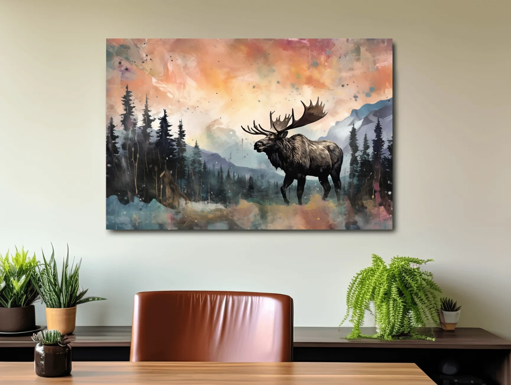 Watercolor Moose In Misty Mountain Forest - Rustic Wildlife Wall Art