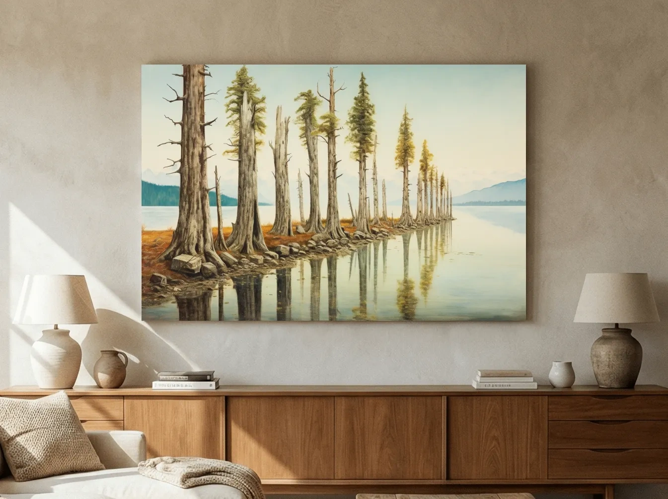 Serene Lakeside Pine Forest Reflections - Watercolor Landscape Wall Art