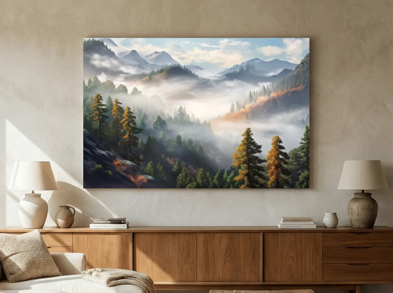 Misty Mountain Valley Forest Landscape - Serene Foggy Nature Painting Wall Art