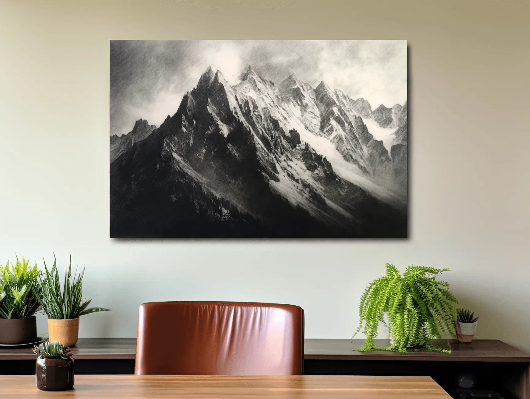 Moody Monochrome Snowy Mountain Peaks - Dramatic Charcoal Landscape Artwork