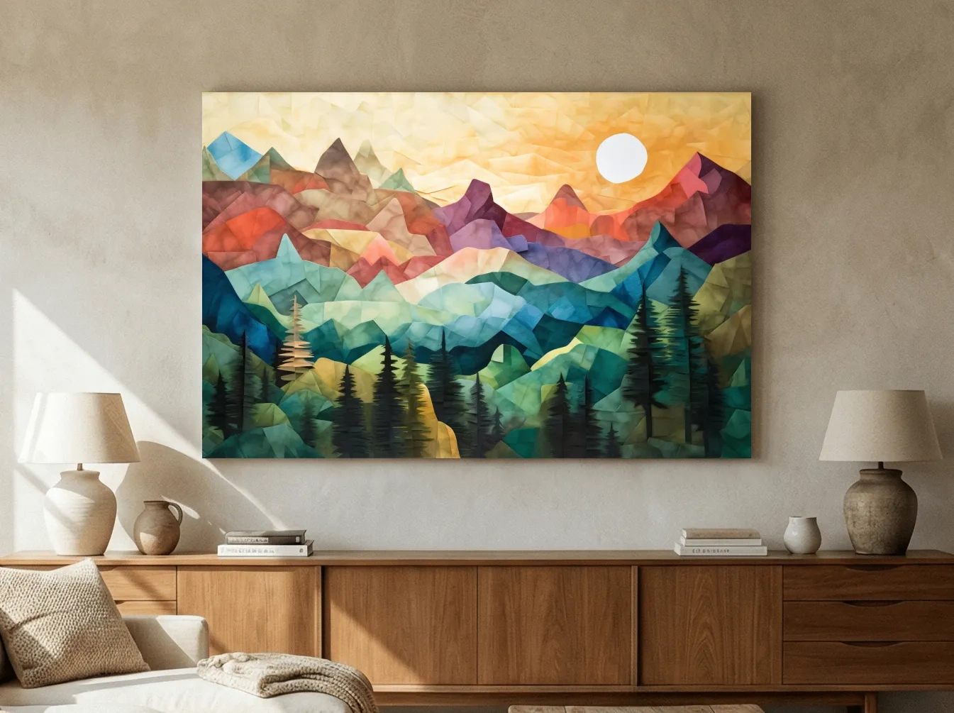 Abstract Sunset Mountain Canvas - Vibrant Patchwork Mosaic Art