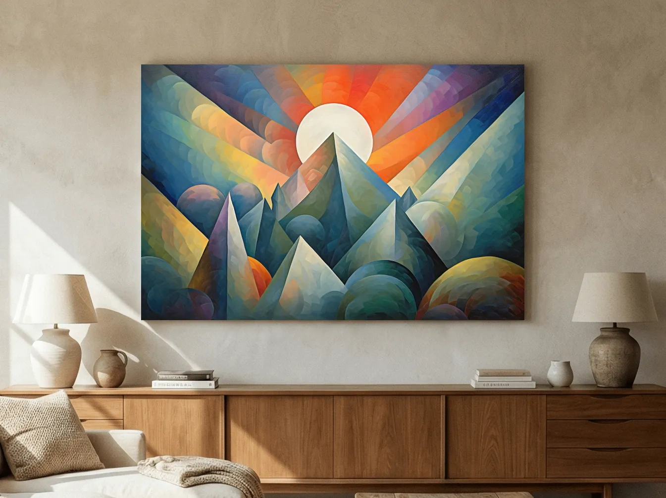 Vibrant Mountain Sunrise Painting - Abstract Alpine Landscape Wall Art