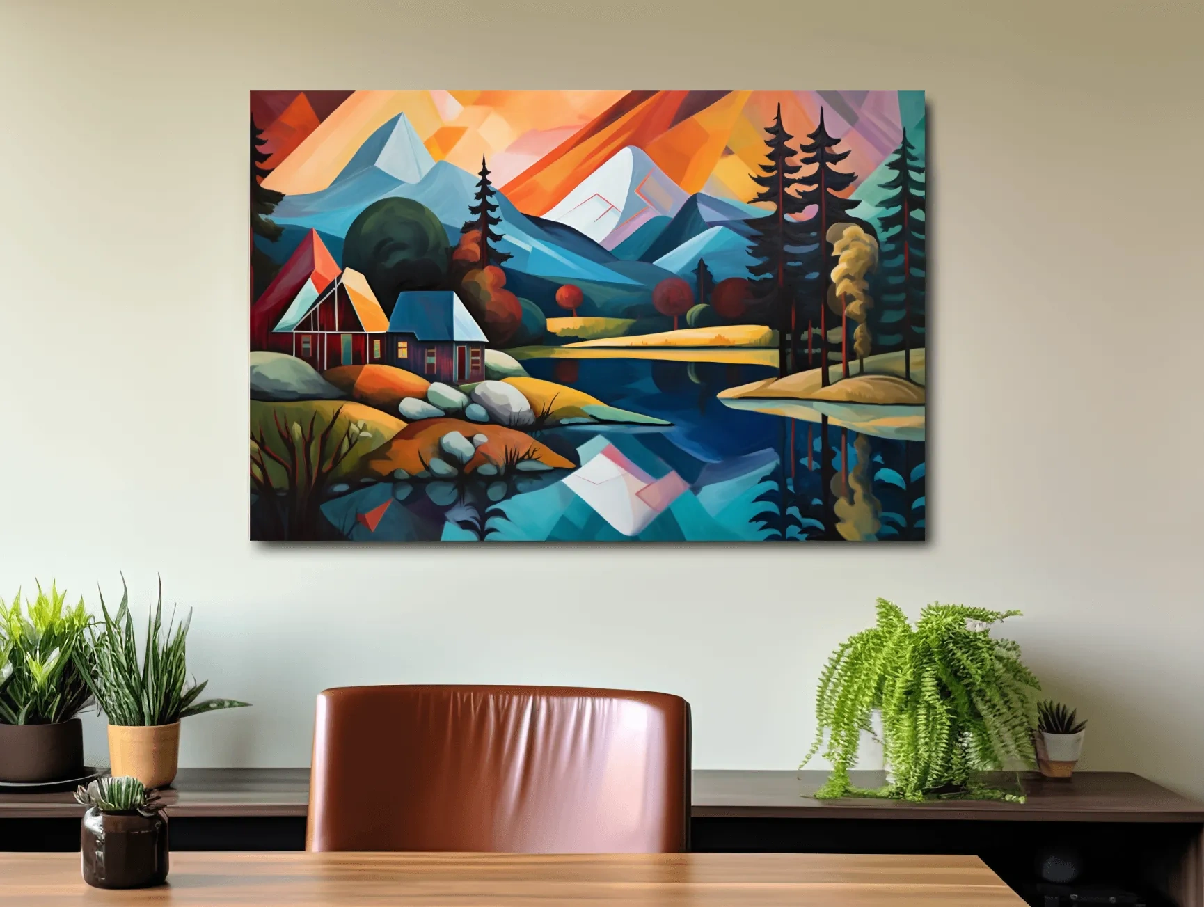 Vibrant Geometric Mountain Lake Cabin Oil Painting - Modern Abstract Wall Art