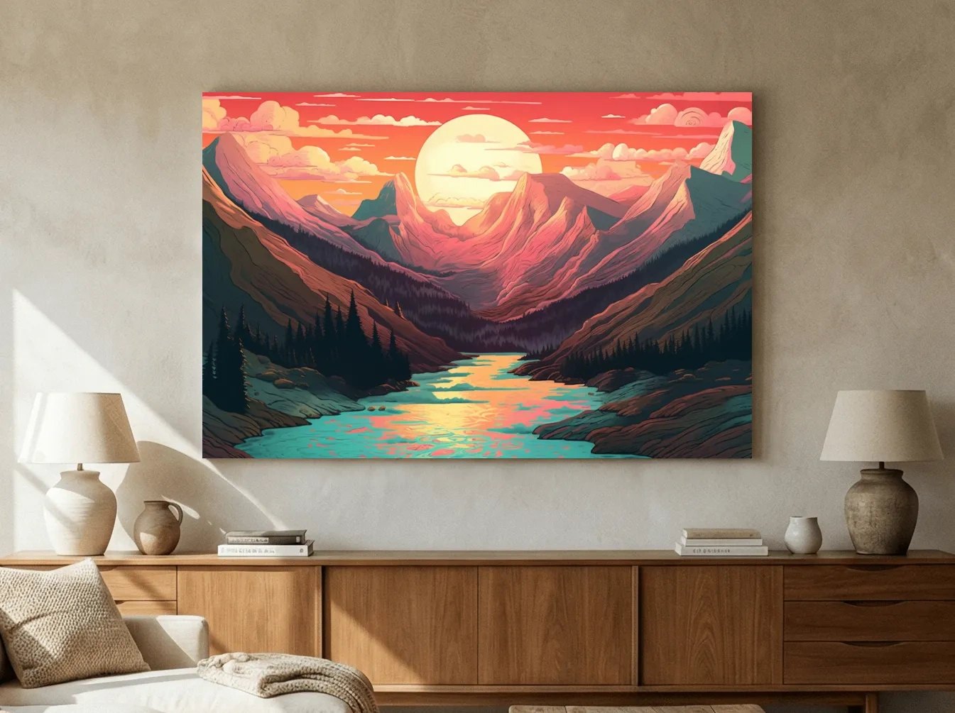 Vibrant Sunset Mountain Valley Illustration - Retro Landscape Wall Art