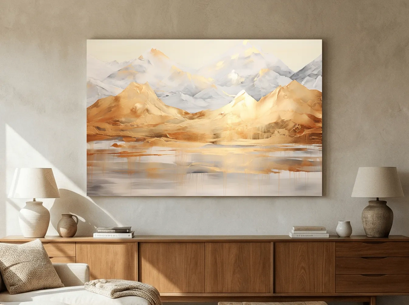 Luxe Golden Abstract Mountain Lake Painting - Elegant Landscape Wall Art