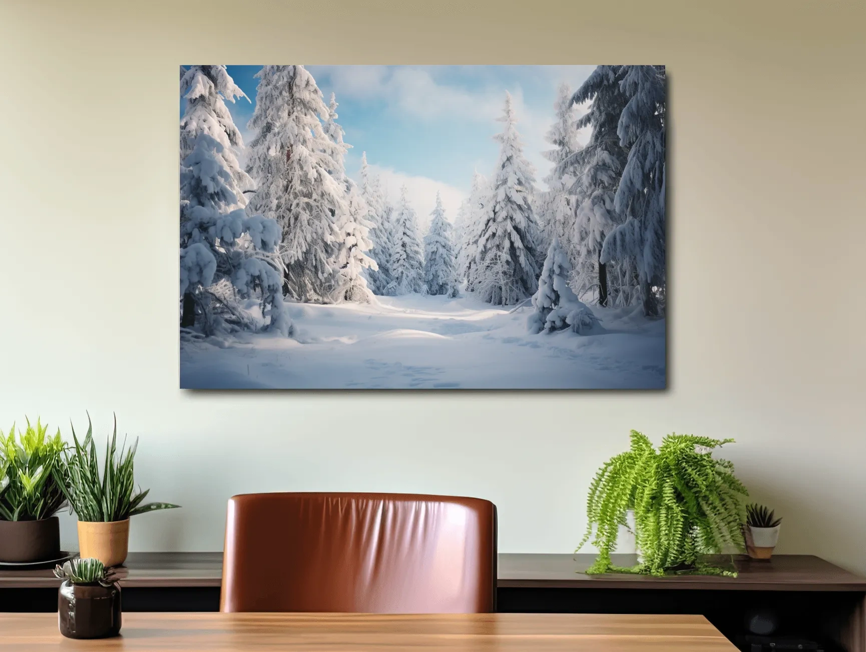 Photographic art, snow covered hemlock trees