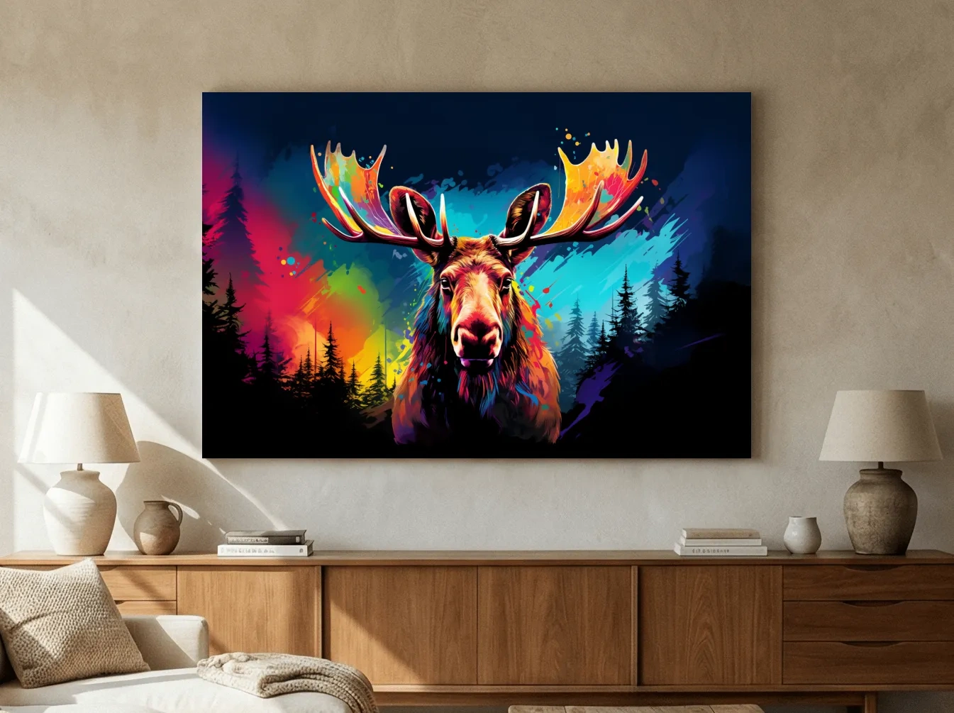 Vibrant Abstract Retro Moose Portrait - Colorful Splash Paint Wildlife Wall Art