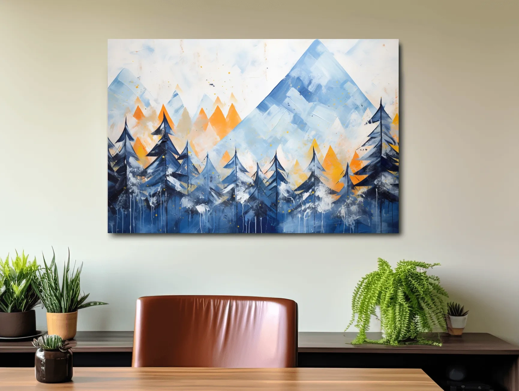 Simple blue and orange abstract mountain painting