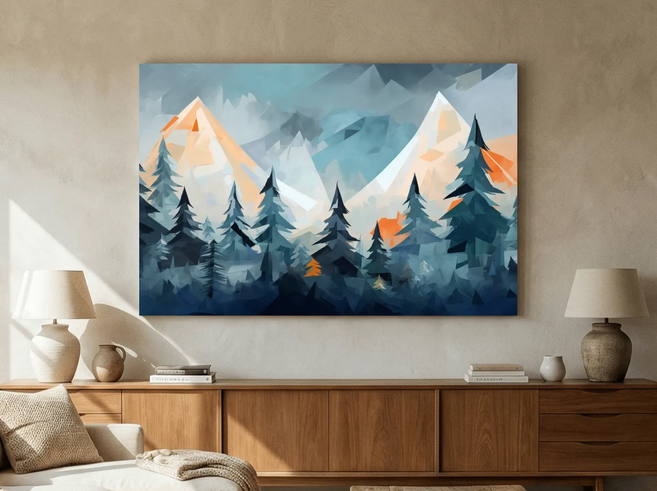 Geometric Alpine Peaks And Pine Forest - Abstract Mountain Landscape Wall Art